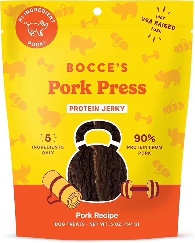 Bocce's Bakery Pork Press Protein Jerky Dog Treats, Pork (5 oz) | High-Protein, Wheat-Free, Limited-Ingredient Treats with No Added Salt or Sugar - Baked in The USA