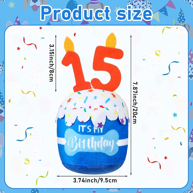 Dansydaisy Dog Birthday Cake Toy Squeaky Plush Gift,15th,Blue