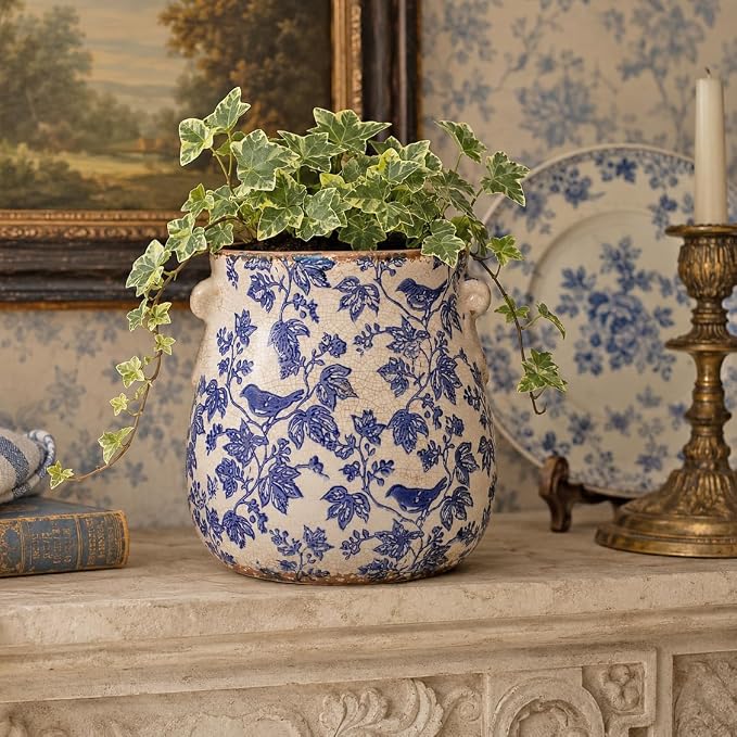 English Country Ceramic Planter, 6.7" Chinoiserie Vase & Utensil Holder | Vintage Crock Flower Pot with Drainage for Indoor & Outdoor Use, Rustic Farmhouse Kitchen & Garden Decor Gift (Blue Bird)