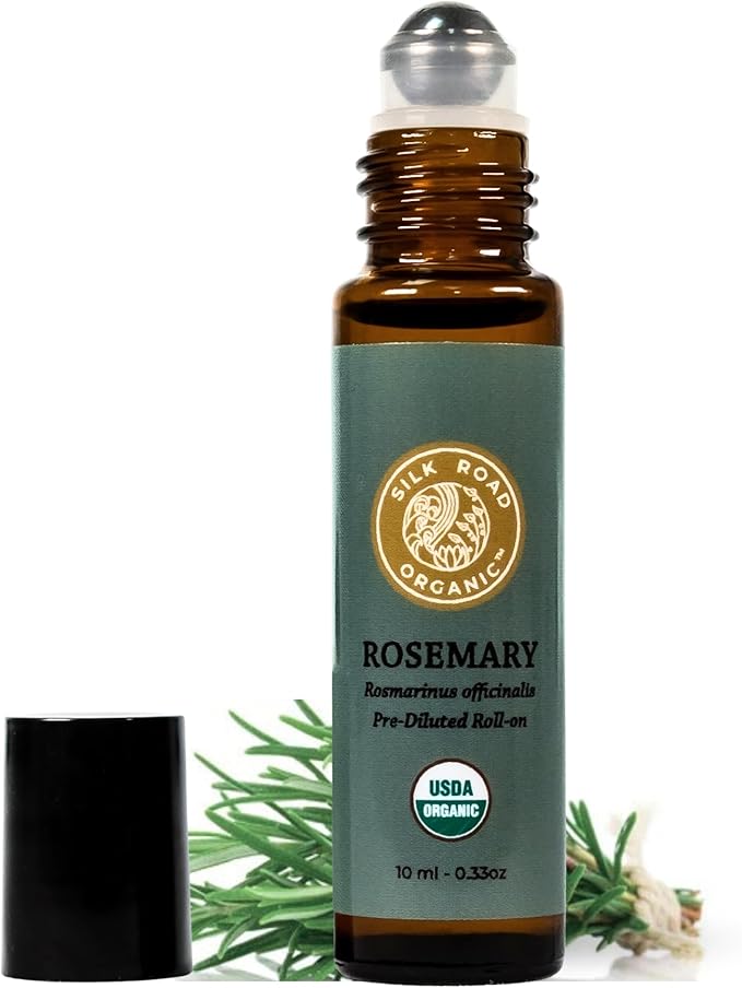 Silk Road Organic Rosemary Essential Oil & Jojoba Roll On, USDA Certified, Support Hair Growth & Health - 10 ml Aromatherapy Roller