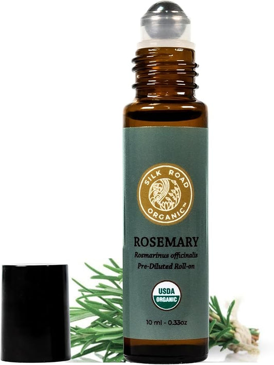 Silk Road Organic Rosemary Essential Oil & Jojoba Roll On, USDA Certified, Support Hair Growth & Health - 10 ml Aromatherapy Roller