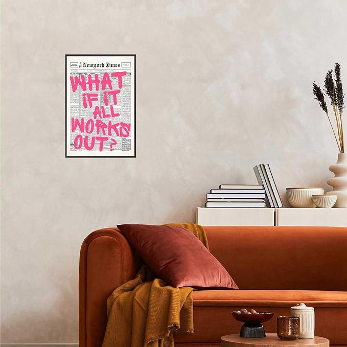 Drimiler Retro Newspaper Pink Font Poster What If It All Works Out Canvas Wall Art Positive Affirming Quote Minimalist Prints Painting For Home Bedroom Dorm Wall Decor 16x24in Framed