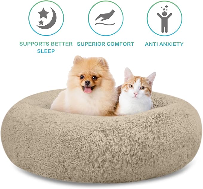SAVFOX 30 inches Calming Donut Dog Bed - 3X Durable Plush Faux Fur, Machine Washable & Non-Slip, Fits up to 45 lbs, Beige