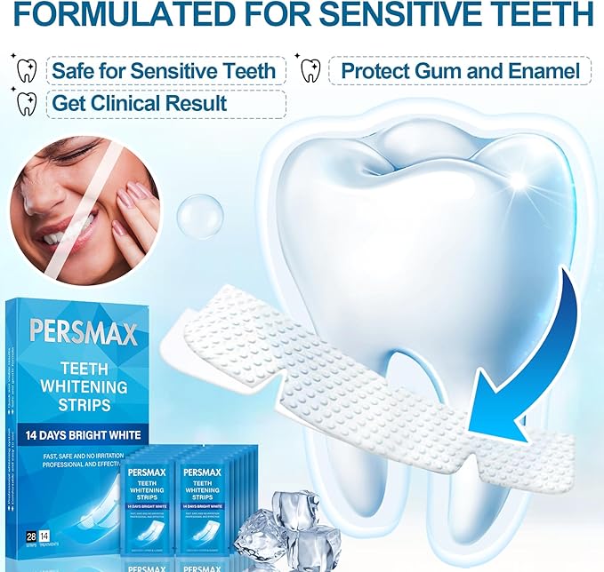 PERSMAX Teeth Whitening Strips for Sensitive Teeth Enamel Safe Whitening Kit No-Slip Remove Coffee Wine Smoking Stains Professional 14 Treatments 28 Strips