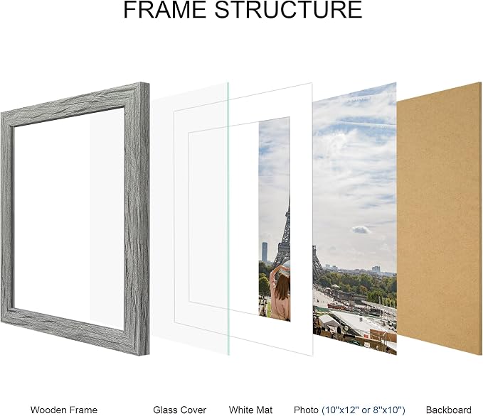 Hongkee 10x12 Picture Frame Set of 4, Made of Real Glass and Grey Frame - Display Picture 8x10 with Mat or 10x12 Without Mat, 10 by 12 Photo for Wall Mounting
