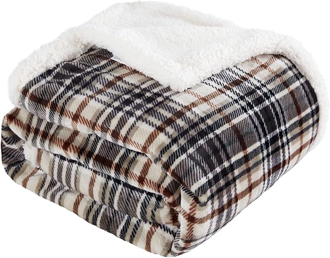 Sherpa Plaid Throw Blanket, 60" X 70"Fuzzy Fluffy Cozy Soft Blanket, Fleece Flannel Plush Twin Size Microfiber Blanket for Couch Bed Sofa (Brown)