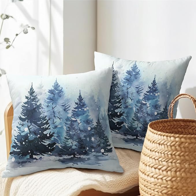 Kawani Winter Blue Forest Pillow Covers 22x22 Inches, Set of 2 Snowflakes Pine Trees Xmas Decorative Cotton Linen Cushion Case Pillowcase for Couch Sofa Bed Living Room Home Decor