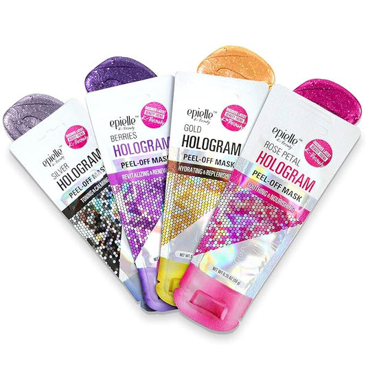 Epielle Hologram Peel Off Face Masks, Glitter Peel Off Mask, 4 Variety Pack (Single Use Testers), Beauty Gift, Gift Set, Spa Day