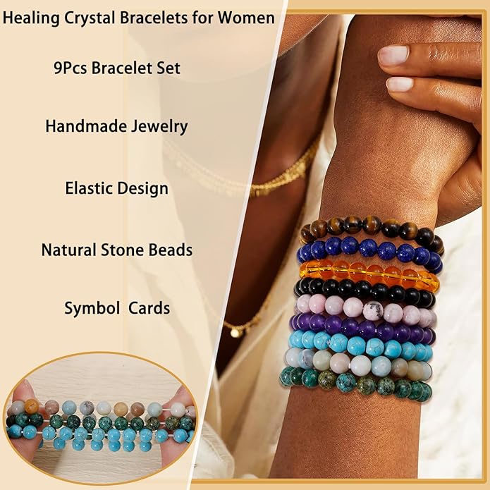 COLOYAN 9PCS Healing Crystal Bracelets for Women Men 8mm Natural Stone Beaded Stretch Bracelet Handmade Reiki Spiritual Jewelry