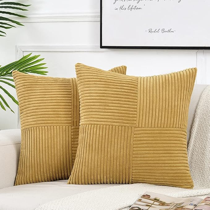 Fancy Homi Mustard Yellow Decorative Throw Pillow Covers 18x18 Inch for Living Room Couch Bed, Farmhouse Boho Home Decor, Soft Corss Corduroy Patchwork Textured Accent Cushion Case 45x45 cm