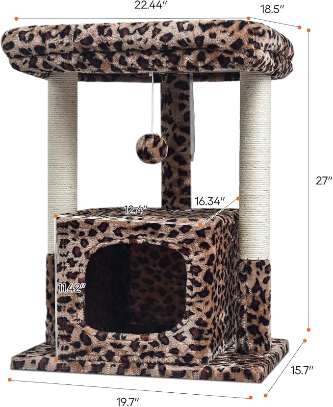 SYANDLVY 27" Cat Tree for Indoor Cats, Activity Tower with Scratching Posts | Modern Kitten Condo with Plush Perch & Hanging Ball for Play, Leopard Print