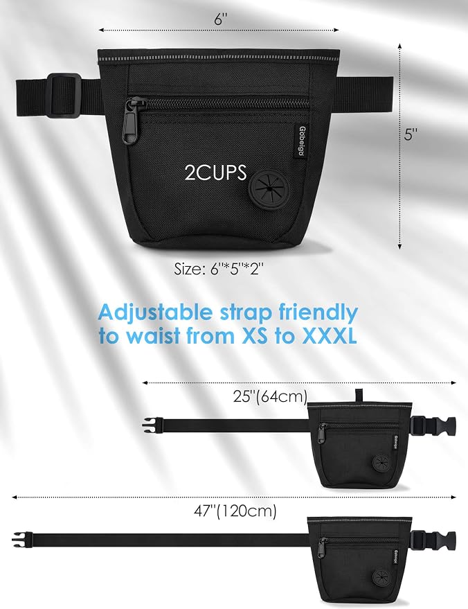 Gobeigo 2 Cup Magnetic Closure Dog Treat Pouch with Training Clicker(Black) | 2 Pair Magnetic Closures, Zipper Pocket with Poop Bag Holder, Waist Belt & Metal Clip to Wear for Pet Training/Daily Walking