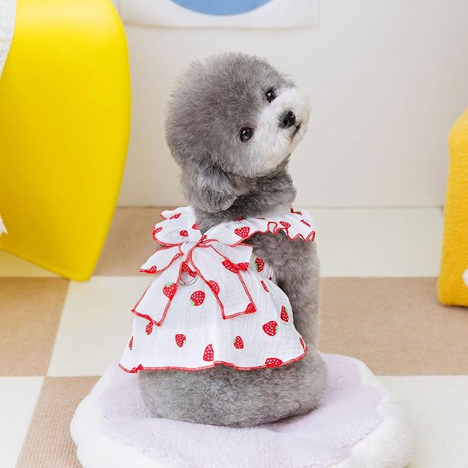 Dog Dresses for Small Dogs Girl Female Clothes Cat Clothes Cat Dress Cute Cotton Extra Summer Bow Decor Printed Strawberry Dog Birthday Outfit Small Puppy Clothes White L