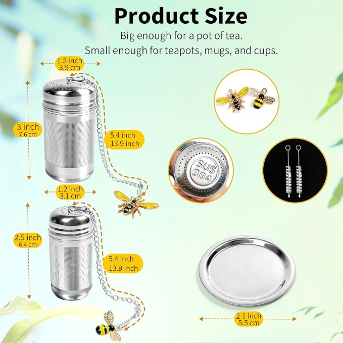 2 Pack Tea Strainers for Loose Tea with 2 Drip Trays & Bee Charms, Extra Fine Mesh Tea Infuser, 304 Stainless Steel Tea Steeper, for Brew Tea, Spices & Seasonings