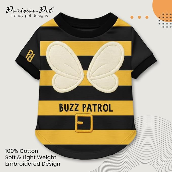 Parisian Pet Dog Buzz Patrol Bee Shirt - Embroidered Pet Vest - 100% Cotton & Polyester Doggy Shirt - Lightweight Pet Clothes - Sleeved Puppy Costume - Funny Shirts for Small Dogs - L