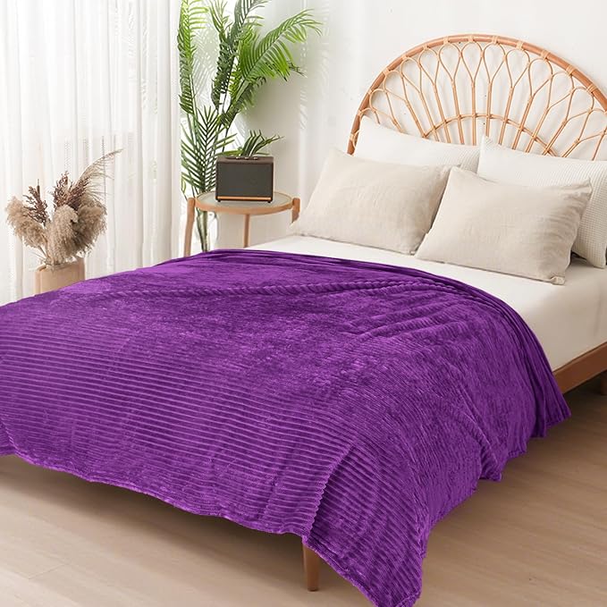Vessia Flannel Fleece Twin Blanket for Couch,Sofa,Bed, 300GSM Striped 60x80inch Purple Blanket for Adults and Kids, Super Soft Warm Cozy Lightweight Ribbed Throw for All-Season