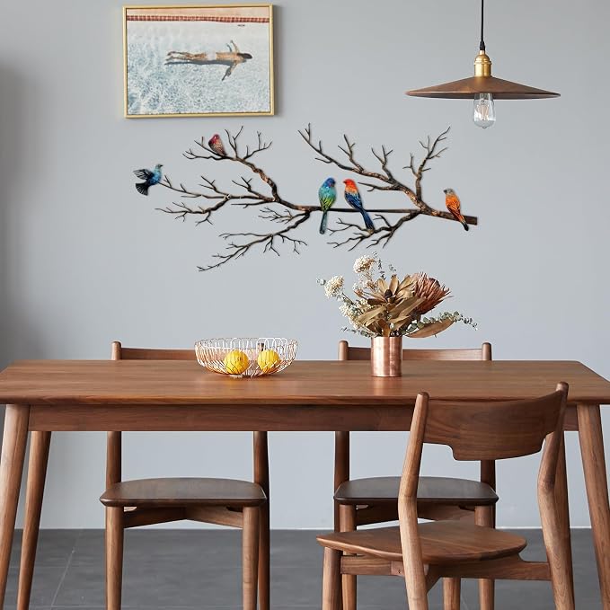 ESTART Metal Birds Wall Art, Metal Vivid Birds on Branch Silhouette Wall Decor Black Leaves with Bird Outdoor Hanging Wall Sculpture for Home Balcony Garden (Classic Color, Large)