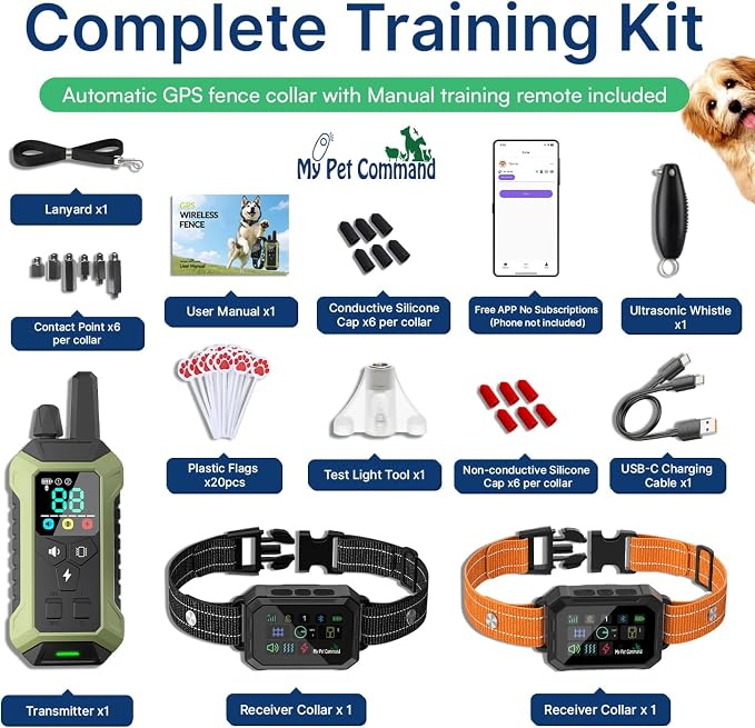 My Pet Command 2-1 Smart Wireless GPS Dog Fence with APP Setup 2 Collar Kit | No Subscriptions, 6-Sided or Circular Fences, Tone, Vibration, Static correction, Waterproof, Rechargeable, Remote Training