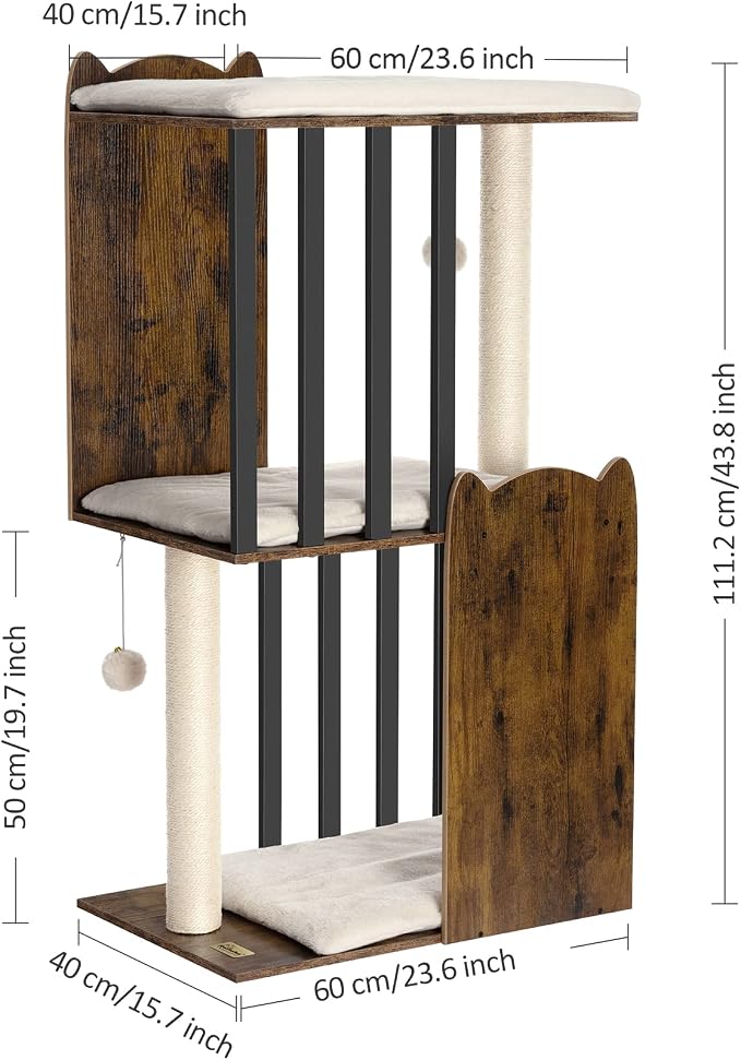 43.8in 3-Tier Modern Cat Tree Tower Condo, Cat Scratch Posts for Indoor Cats, Big Plate, Two 19.7in Full Sisal Scratching Posts, Rustic Brown
