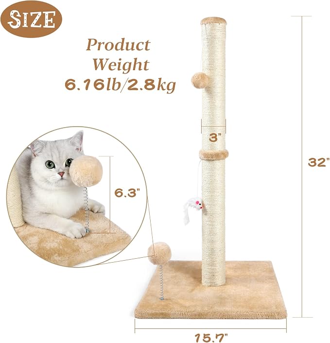 ANWA 32" Tall Sisal Cat Scratching Posts Tree for Indoor Cats Adults, Beige | Sisal Cat Scratcher, Small Space, Cat Post with Dangling Plush Toys for Indoor Cats, 15.7" Stable Base, Cat Furniture