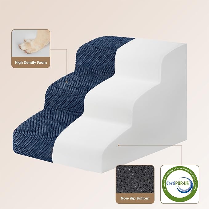 EHEYCIGA Curved Dog Stairs Ramp, 3-Step Dog Steps, 15.7" H Pet Step | 33D density of pure foam, for Small Dogs and Cats, Pet Stairs for High Bed Climbing, Non-Slip Balanced Indoor, Navy