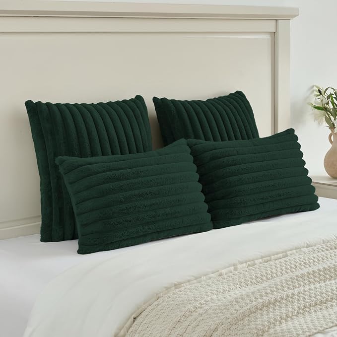 FUTEI Pack of 2 Faux Fur Throw Pillow Covers 12x20 Inch, Dark Green | Fluffy Faux Rabbit Fur Front/Premium Velvet Back,Hidden Zipper,Machine Washable,Non-Shedding,Colorfast,Insert Not Included.
