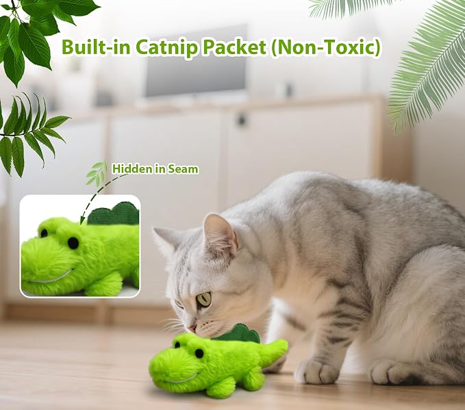 Interactive Cat Toys for Indoor Cats – Auto Moving Alligator with 360° Random Movement & Tail Wagging, Rechargeable Cat Exercise Toy with Catnip, Self-Play Fun for Bored Adult Cats-Plush