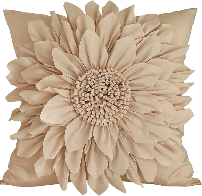 Beige Taupe Accent Flower Decorative Throw Pillow Covers for Bed Sofa Couch | Bella's Giftshop Handmade Sunflower Taffeta Pillow Cases Living Room Bedroom Decor, 18x18 Inch