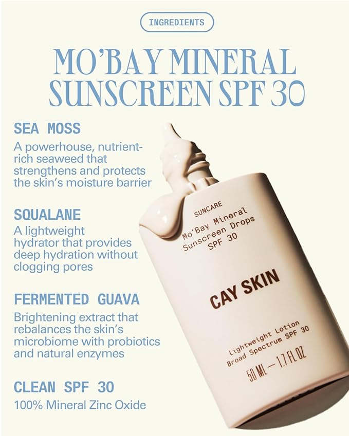 Cay Skin Mo'Bay Mineral Sunscreen Drops SPF 30 – Broad Spectrum Face Sunscreen & Makeup Primer w/Sea Moss – Lightweight, Moisturizing Reef Safe Lotion with Natural Finish for All Skin Types – 1.7 oz.