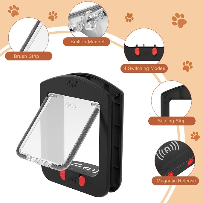 Smart Cat Door with Collar Sensor 2pcs 4 Way Locking Black | Pet Door for Interior Door and Exterior Door Cat Door with Magnetic Flap