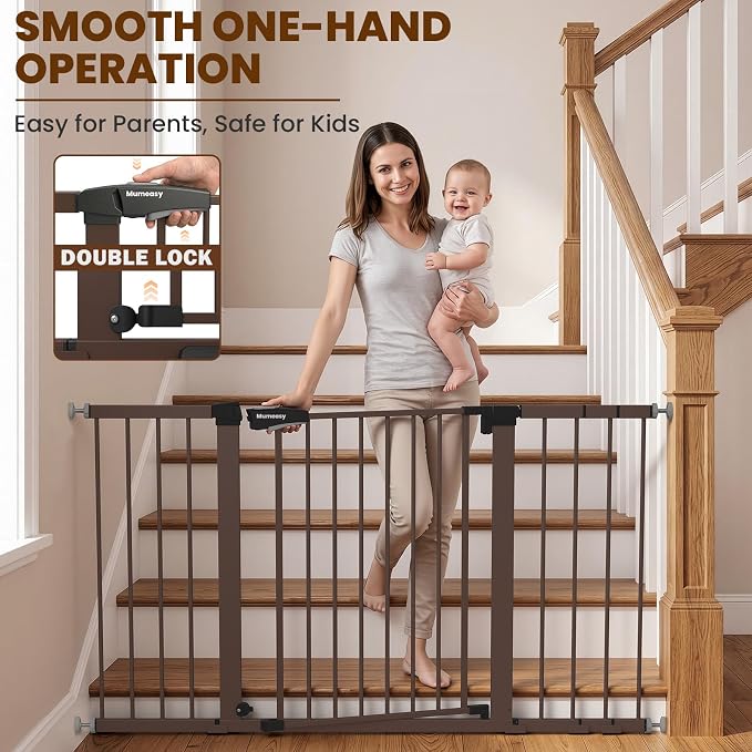 Mumeasy 29.7-54.2" Baby Gate for Stairs, Pressure Mounted Dog Gate for Doorways, Extra Wide Walk Thru Safety Pet Gate for Doors with Auto Close, Easy Install Child Gate for Hallway Indoor House, Brown