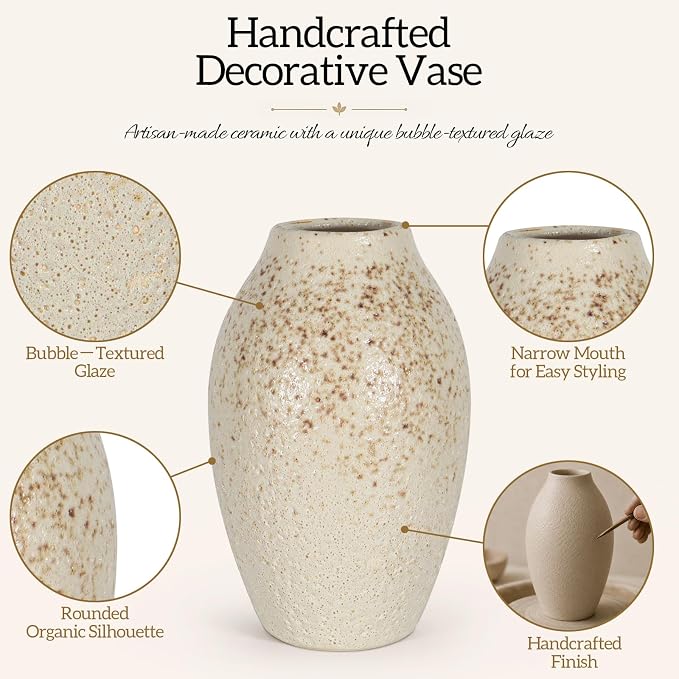 Cream Ceramic Flower Vase Speckled Bubble Glaze Home Decor | 7.08 Inch Rustic Table Vase, Decorative Ornament for Living Room,Office,Wedding,Birthday