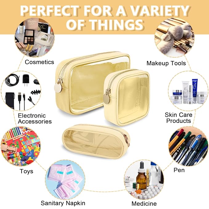 UIXIZQ Clear Small Makeup Bag with Zipper, Nylon&PVC Cosmetic Travel Bag Preppy TSA Approved Toiletry Bag for Women Girls, Transparent Waterproof Makeup Pouches Cute Travel Bag for Purse(Small-Beige)