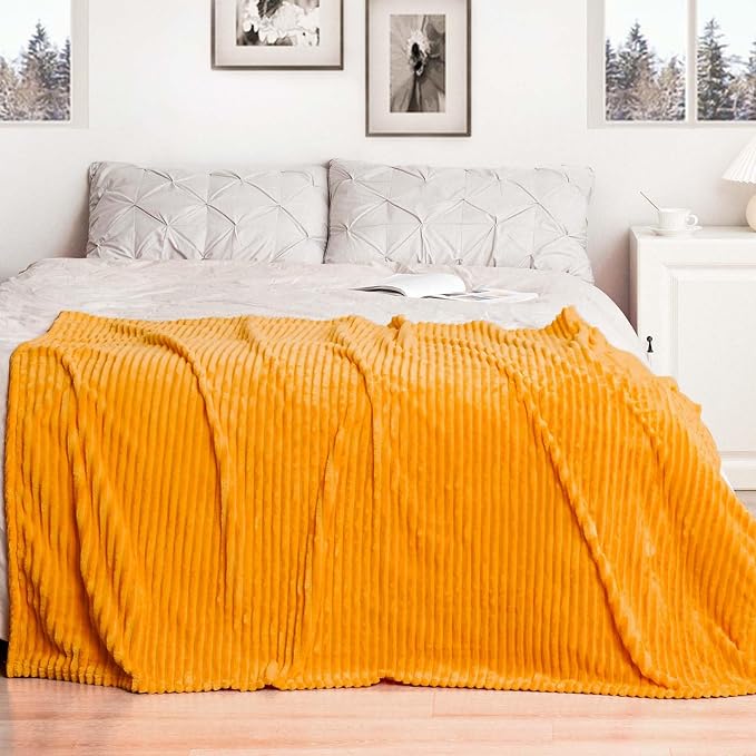 Vessia Flannel Fleece Throw Blanket for Couch,Sofa,Bed(50x70inch), 300GSM Microfiber Orange Striped Chair Blanket for Adults and Kids, Super Soft Warm Cozy Lightweight Ribbed Throw for All-Season