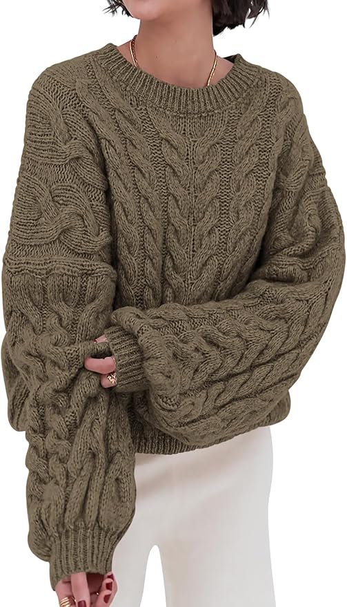 PRETTYGARDEN Womens Sweaters Spring 2026 Cable Knit Long Sleeve Crewneck Oversized Sweater Chunky Pullover Loose Outfits