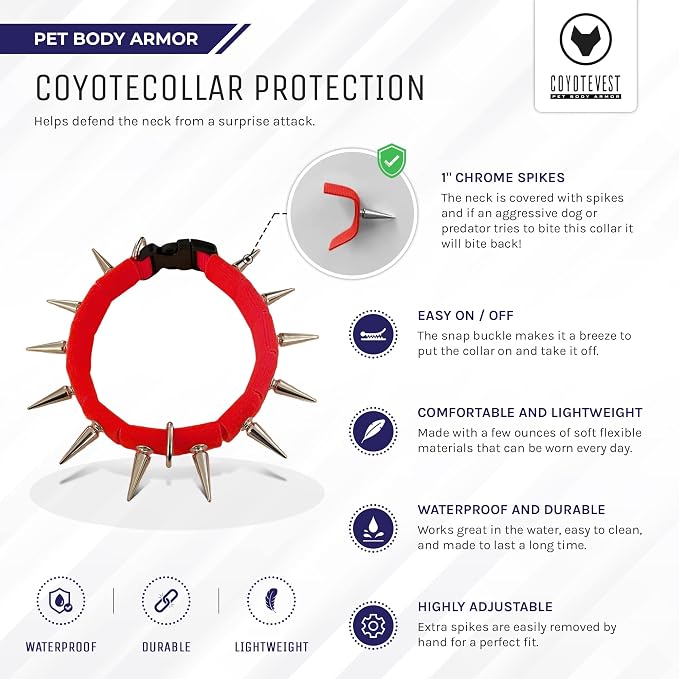 CoyoteCollar Spike Dog Collar, Adj/Replaceable Spikes, Medium, Red
