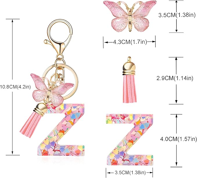 Fashion Alphabet Initial Letter Keychain Tassel Butterfly Pendant Key Ring for Purse Handbags Women Girl