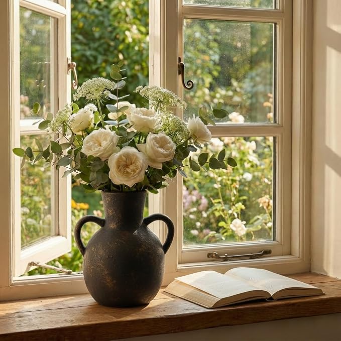 SIDUCAL Rustic Ceramic Farmhouse Flower Vase with 2 Handles, Terracotta Vase, Decorative Pottery Flower for Home Decor, Table, Wedding, Living Room, Shelf Decor, 7.3 Inch, Black Bronze