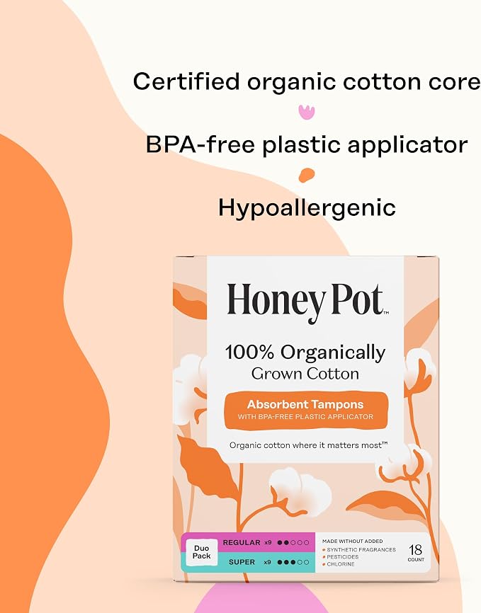 The Honey Pot Company - Multipack -100% Organic Cotton Core Tampons w/Bio Plastic Applicator - Regular & Super Absorbency - Unscented - Feminine Care - 54 Count (3 Packs of 18)