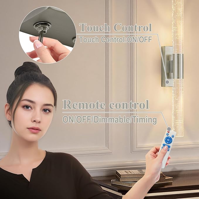 camuucci Battery Operated Wall Sconces Set of 2, Rechargeable Wall Lights | 12000mAh Long-Lasting Battery,Dimmable Cordless Sconce,No Wiring Needed for Bedroom,Living Room,Silver 20.9-Inch