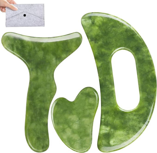 Body Gua Sha Tools，3 in 1 Jade Stone Gua Sha Massage Tool, Large Guasha Muscle Scraper Tools Set, Muscle Scraping Massage Anti Cellulite SPA Acupuncture Tools for Back Leg Lymphatic Drainage