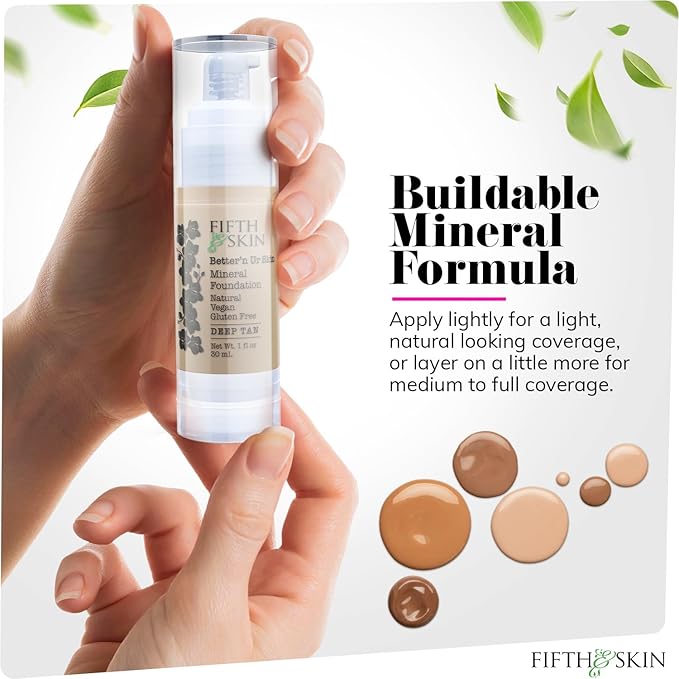 Fifth & Skin: Better’n Ur Skin Liquid Foundation (DEEP TAN) - Natural, Organic, Vegan, Cruelty-Free - Gluten-Free Beauty with Buildable Coverage and Palm-Free Luxury - 1 oz