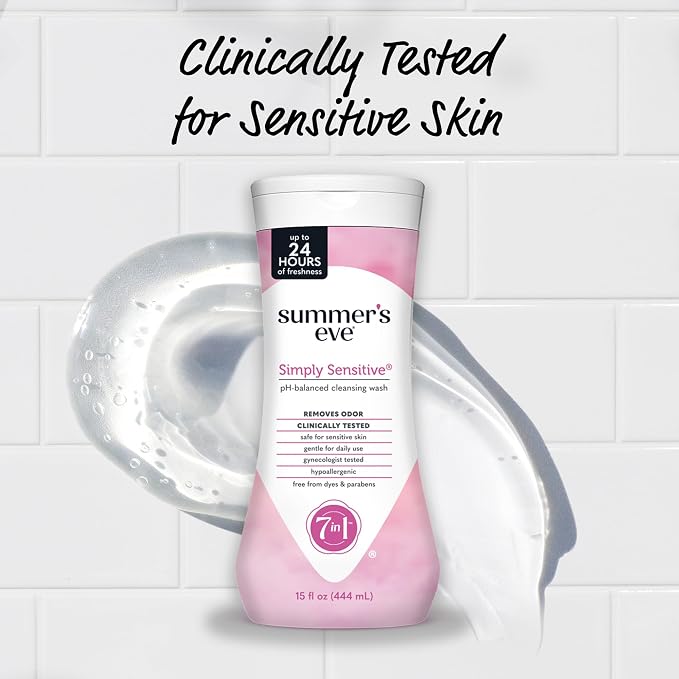 Summer's Eve Simply Sensitive All-Over Daily Feminine Wash, Gentle pH-Balanced Body Wash for Women, Removes Vaginal Odor, 15 Fl Oz