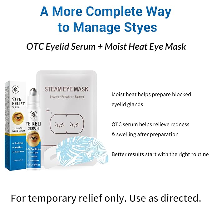 Stye Eye Treatment Kit, Stye Relief Rollerball Serum and Eye Patches for Styes, Chalazions and Blepharitis Treatment for Eyelids, Stye Eye Compress, Clear Eyes Redness Relief, Sleep Eye Mask