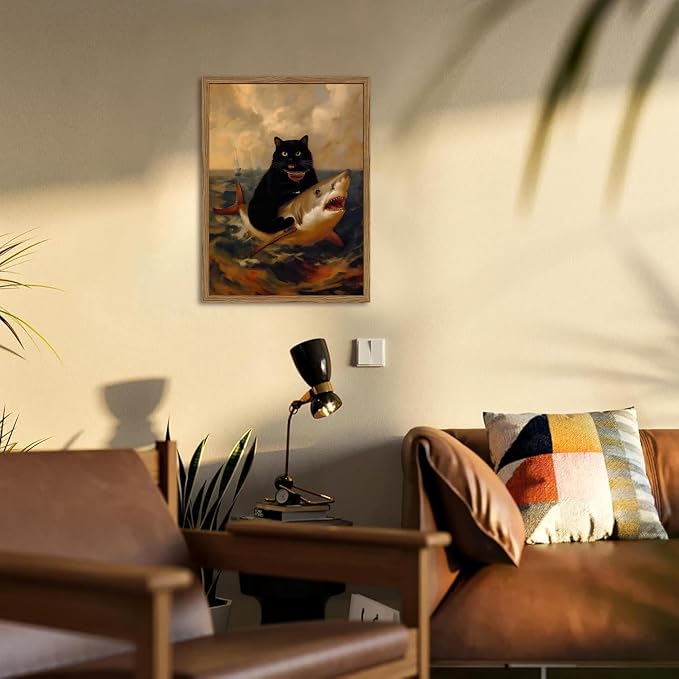 Funny Black Cat Riding Shark Wall Art Whimsical Bar Cart Wall Decor Picture Eclectic Shark Ocean Poster Canvas Painting Prints for Bedroom Living Room 16x24 inch Framed