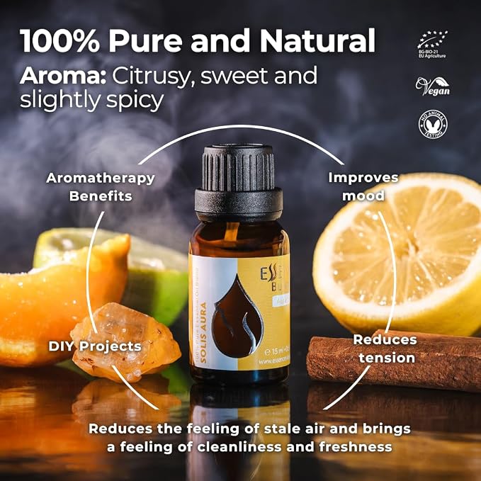 Essences Bulgaria Solis Aura Organic Essential Oil Blend 0.51 Fl Oz | 15ml | Orange, Lemon, Lime, Cinnamon | Aromatherapy, Sauna & SPA | 100% Pure & Natural | Undiluted