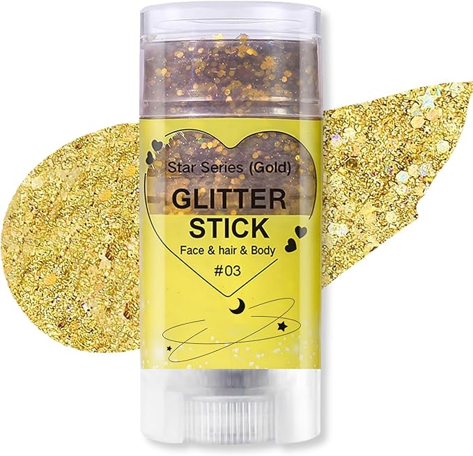 Gold Body Glitter Stick, Sparkling Hair Glitter Makeup for Kids and Women, Waterproof Face Hair and Body Glitter Makeup, Rave Accessories Carnival Chunky Sequins