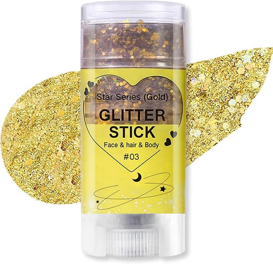 Gold Body Glitter Stick, Sparkling Hair Glitter Makeup for Kids and Women, Waterproof Face Hair and Body Glitter Makeup, Rave Accessories Carnival Chunky Sequins
