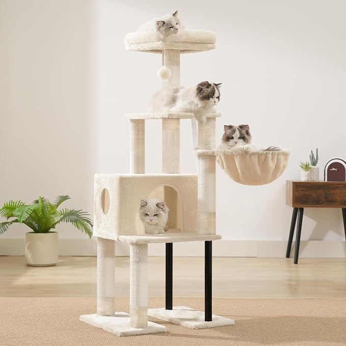 Heybly Cat Tree with Toy, 49.2 inch Cat Tower for Indoor Cats HCT200SM | Spacious Cat House Condo with Hidden Space，Soft Plush Top Perch，Cozy Hammock and Sisal Scratching Posts, Beige
