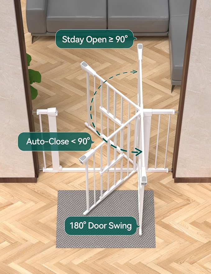 Babelio 36" Tall Baby Gate with Cat Door, CatPrivilege II, 29-48" | Extra Wide Auto-Close Pet Door for Stairs, Doorways & House, 6-Level Adjustable, Wall Cups Included, White